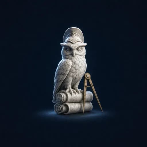 Roman marble relief: an owl perched on parchment scrolls beside a bronze compass divider — the strategy and discovery stage