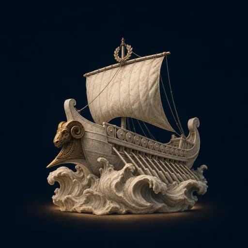 A marble Roman trireme ship surging forward over carved waves — the launch and improvement stage